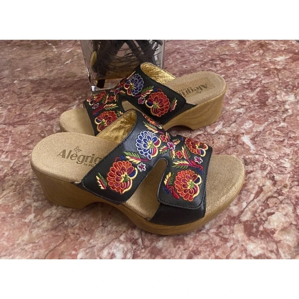 New Alegria Lin Embroidered Multicolor Leather Slip-on Wedge Sandals EU 38 /US 8